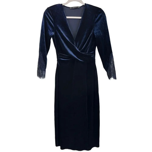 Zara Basic Womens Small Midnight Blue Velvet Deep V Neck Festival Dress - Picture 1 of 14